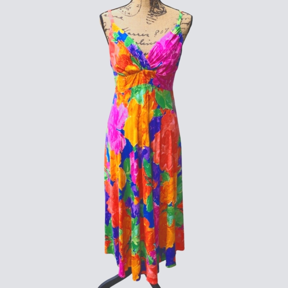 Jams World VTG Dream Garden Empire Waist  Midi Dress Floral Strappy Size XL